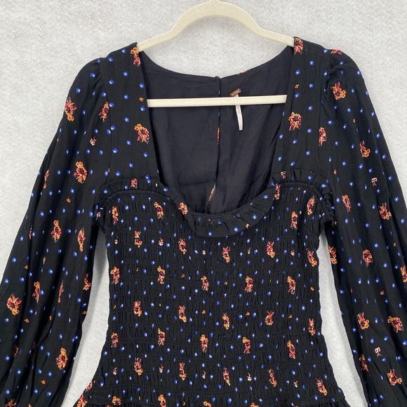 Free People Two Faces Mini Dress Womens XS Black Smocked Waist Balloon Sleeve - Picture 3 of 16
